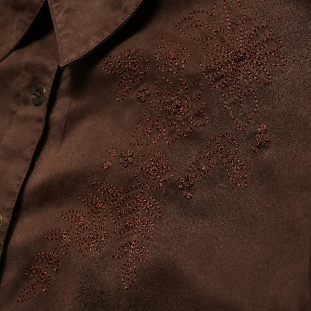 Alfred Dunner Shirt Womens 12P Brown Faux Suede Embroidered Petite Button Up